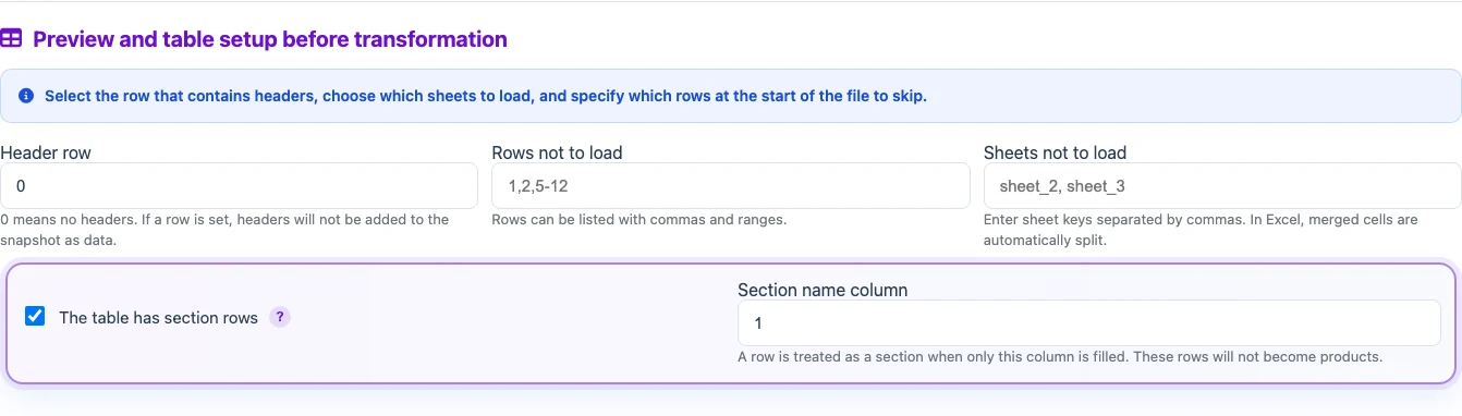 Where to enable section rows in a profile with a table input