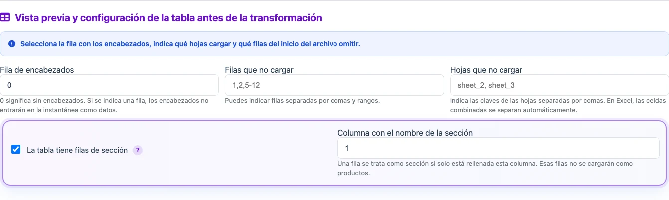 Dónde activar filas de sección en un perfil con origen tabular