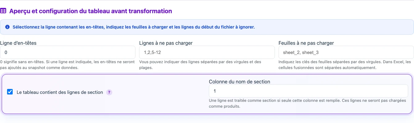 Où activer les lignes de section dans un profil avec entrée tabulaire