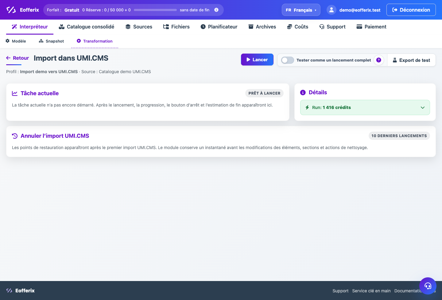 Lancement d’import UMI.CMS et tâche en cours