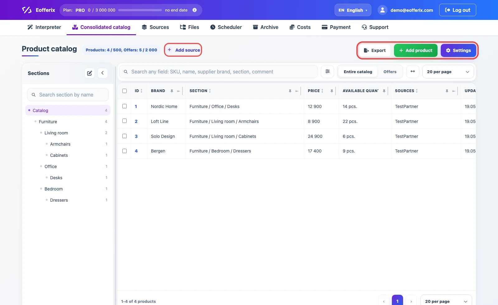 Add source, export, add product, and settings buttons in the Eofferix consolidated catalog