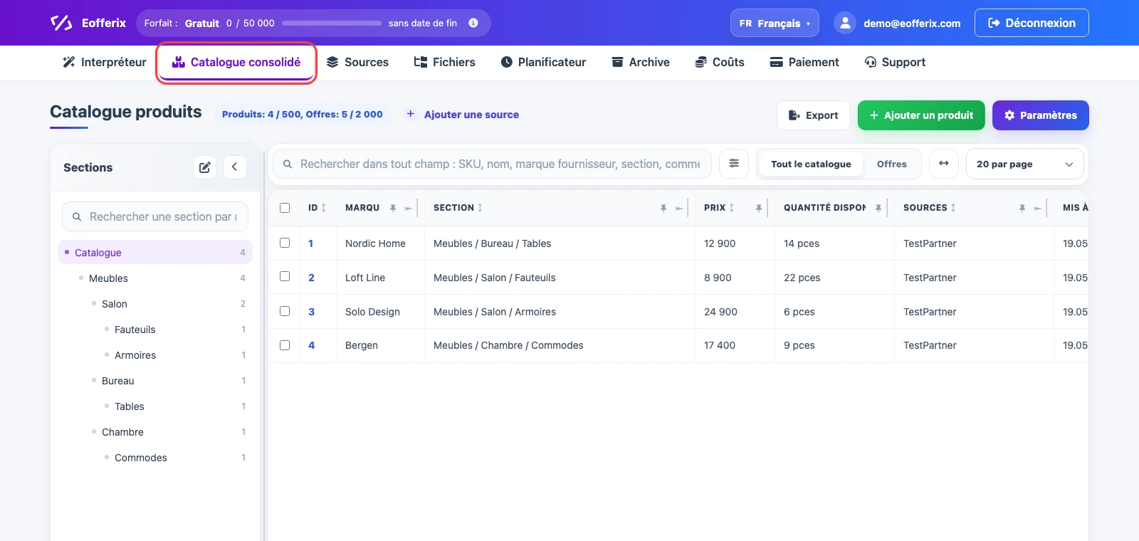 Écran principal du catalogue consolidé Eofferix