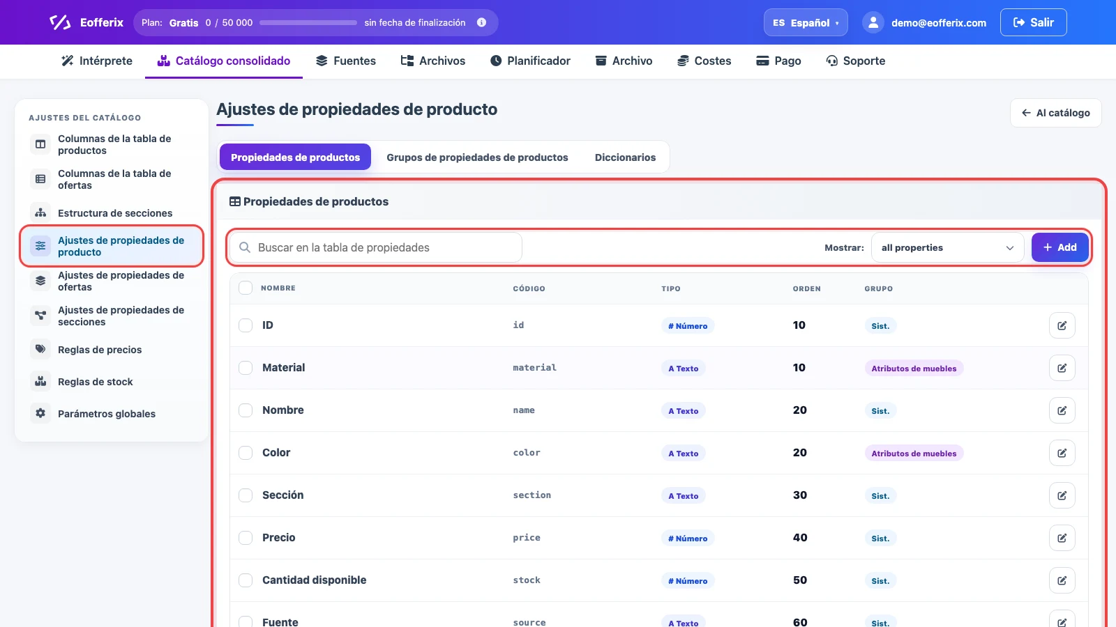 Ajustes de propiedades de producto en el catálogo consolidado de Eofferix