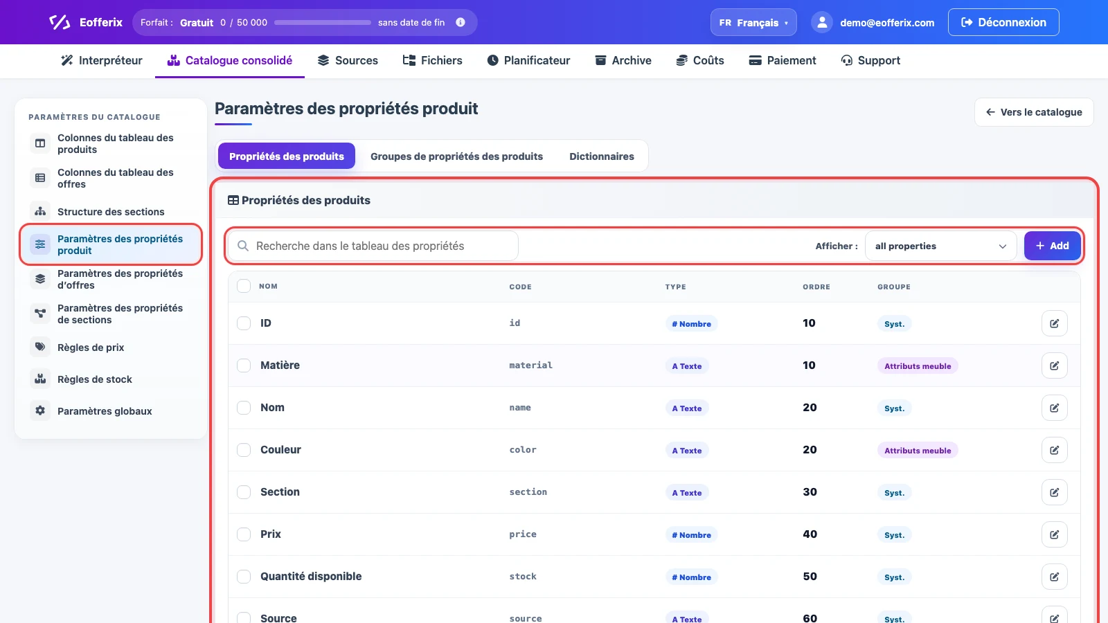 Paramètres des propriétés produit dans le catalogue consolidé Eofferix