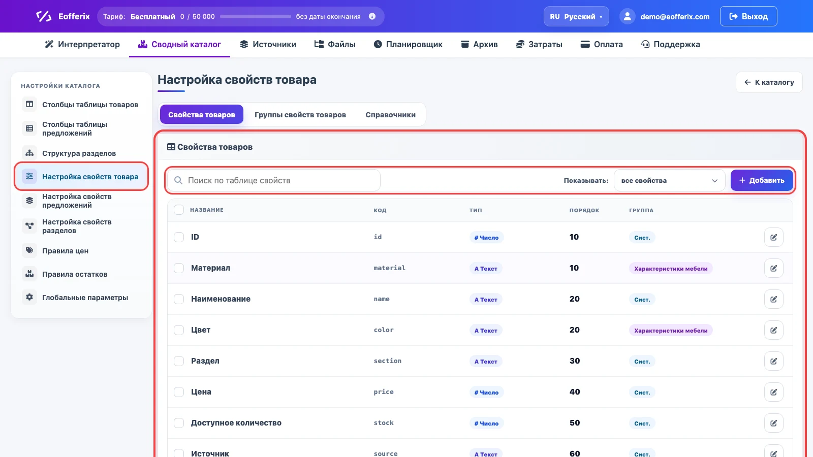 Настройка свойств товара в сводном каталоге Eofferix