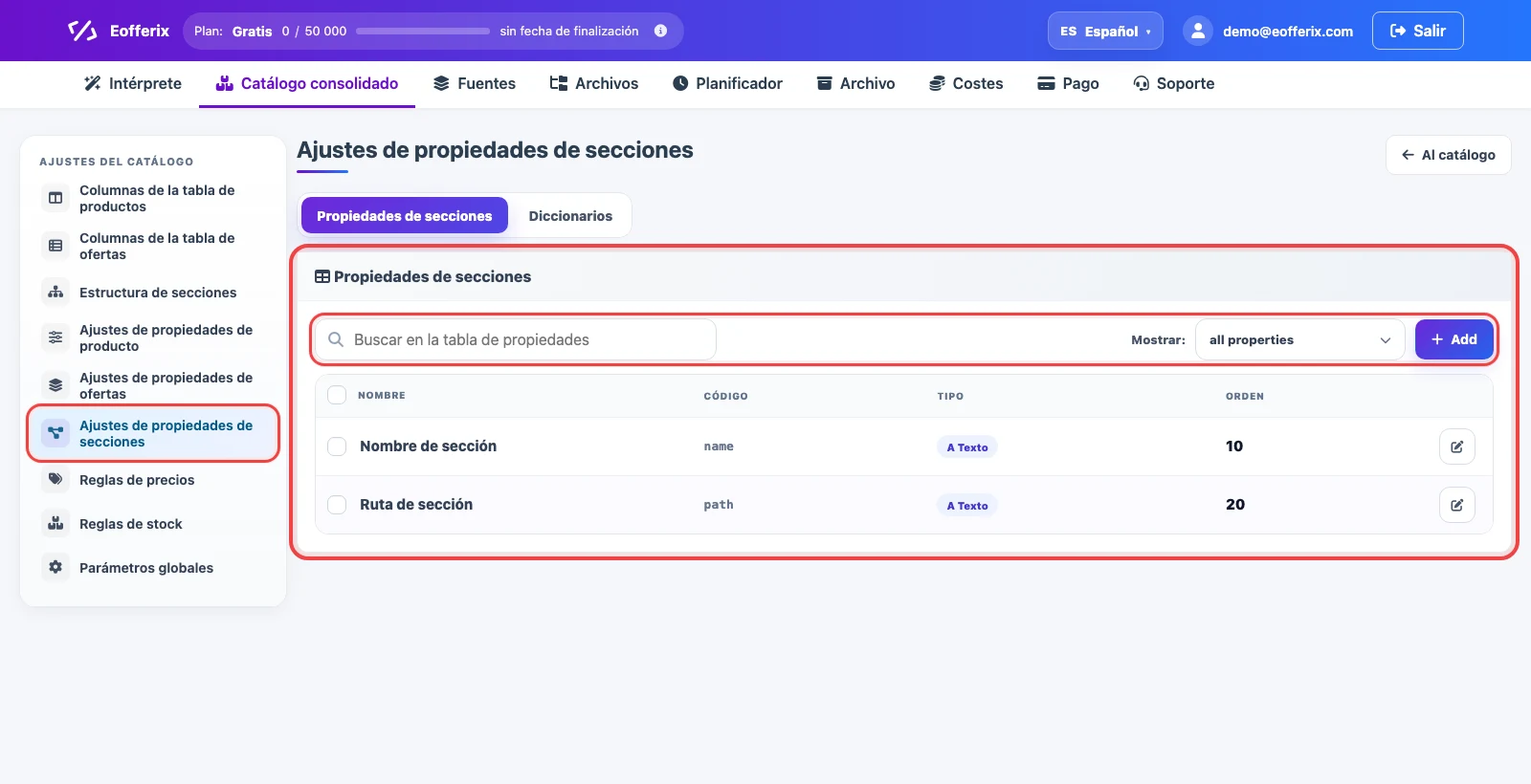 Ajustes de propiedades de secciones en el catálogo consolidado de Eofferix