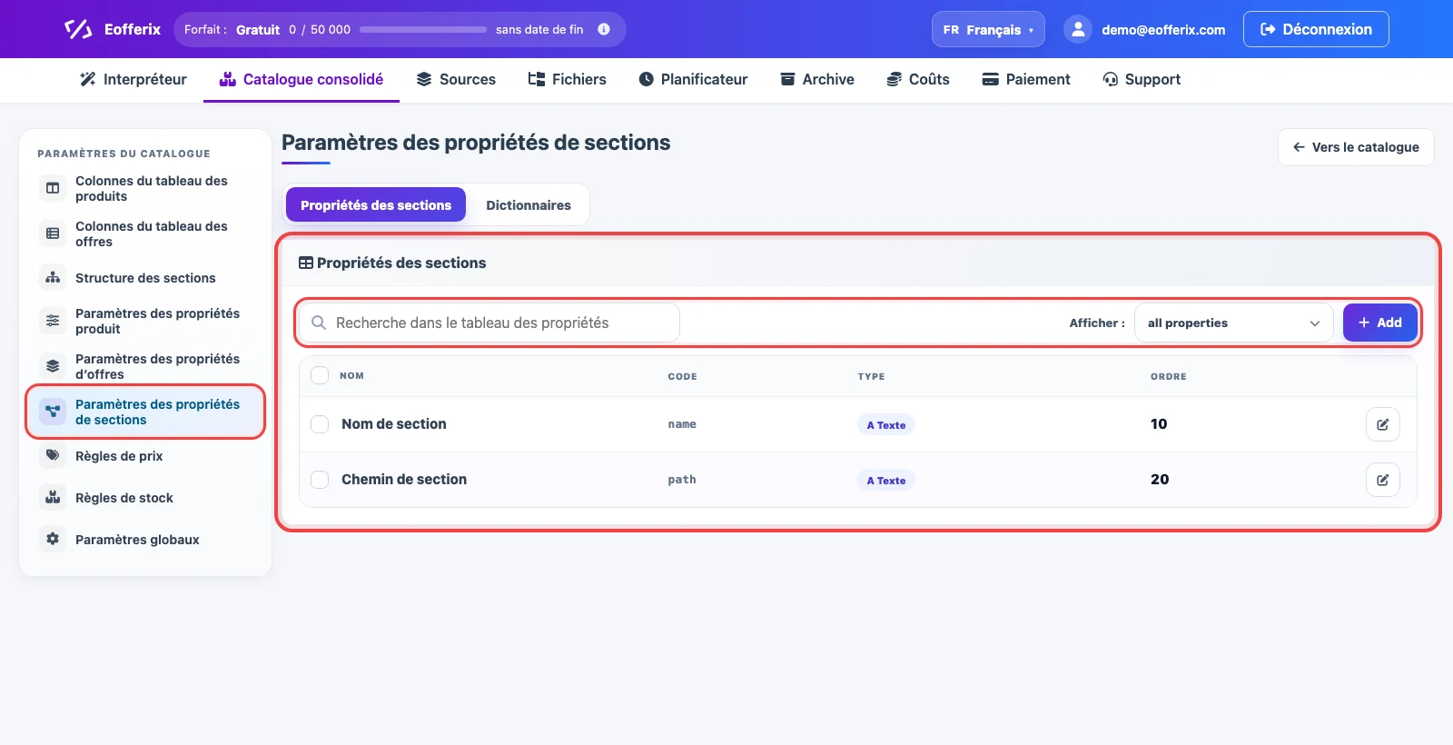 Paramètres des propriétés de sections dans le catalogue consolidé Eofferix