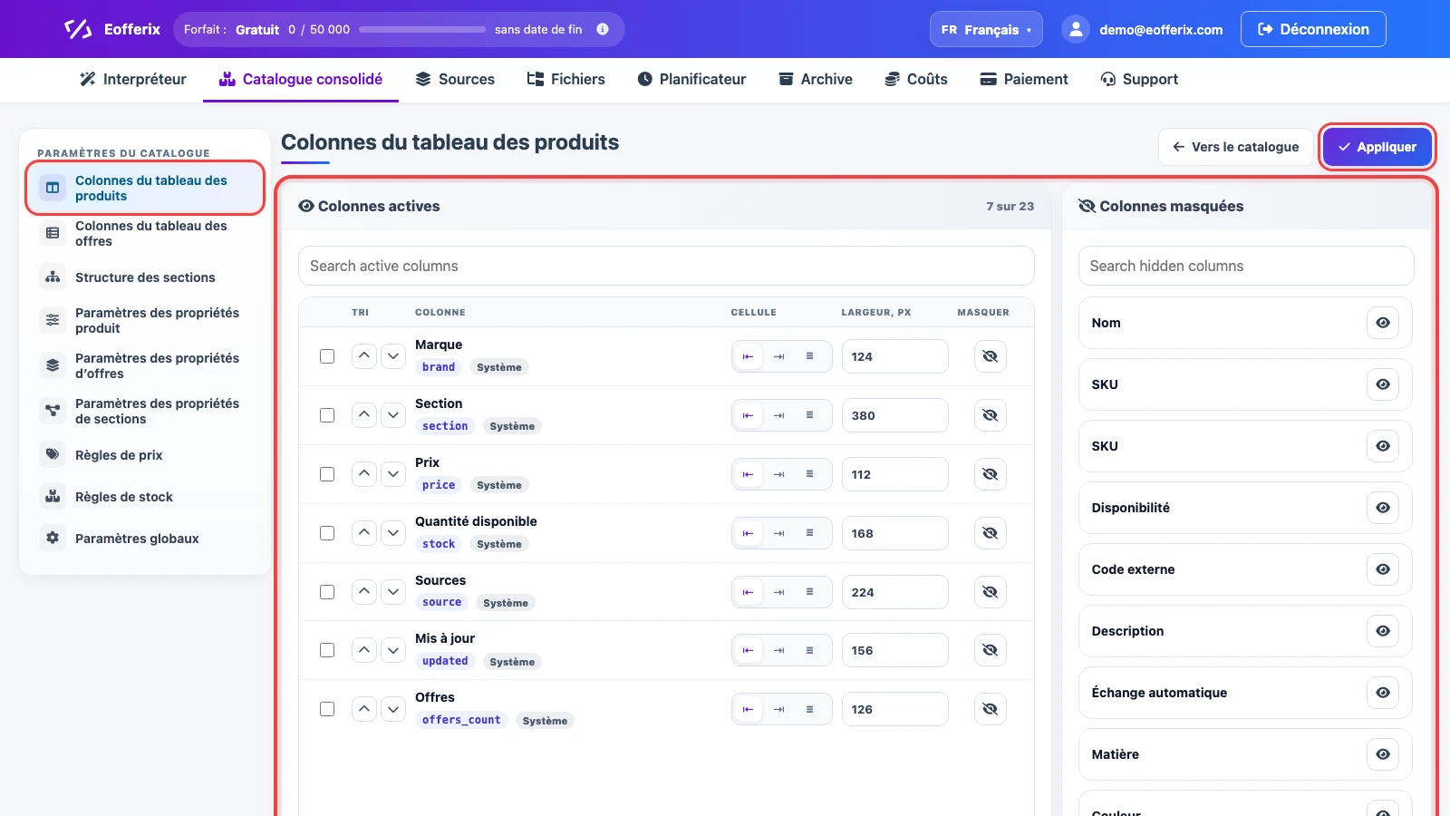 Paramètres des colonnes du tableau des produits dans le catalogue consolidé Eofferix