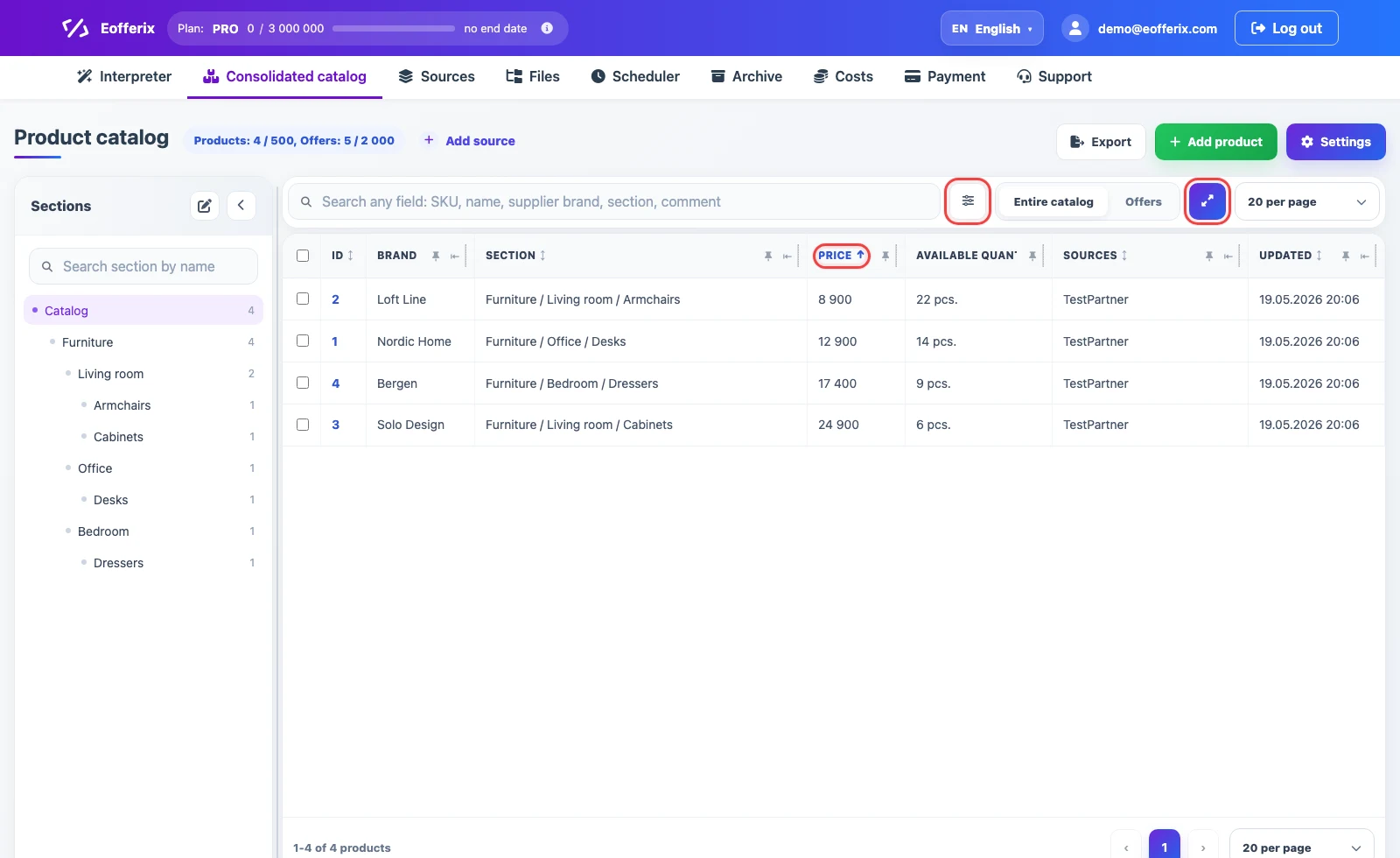 Sorting, filter button, and table width button in the Eofferix consolidated catalog