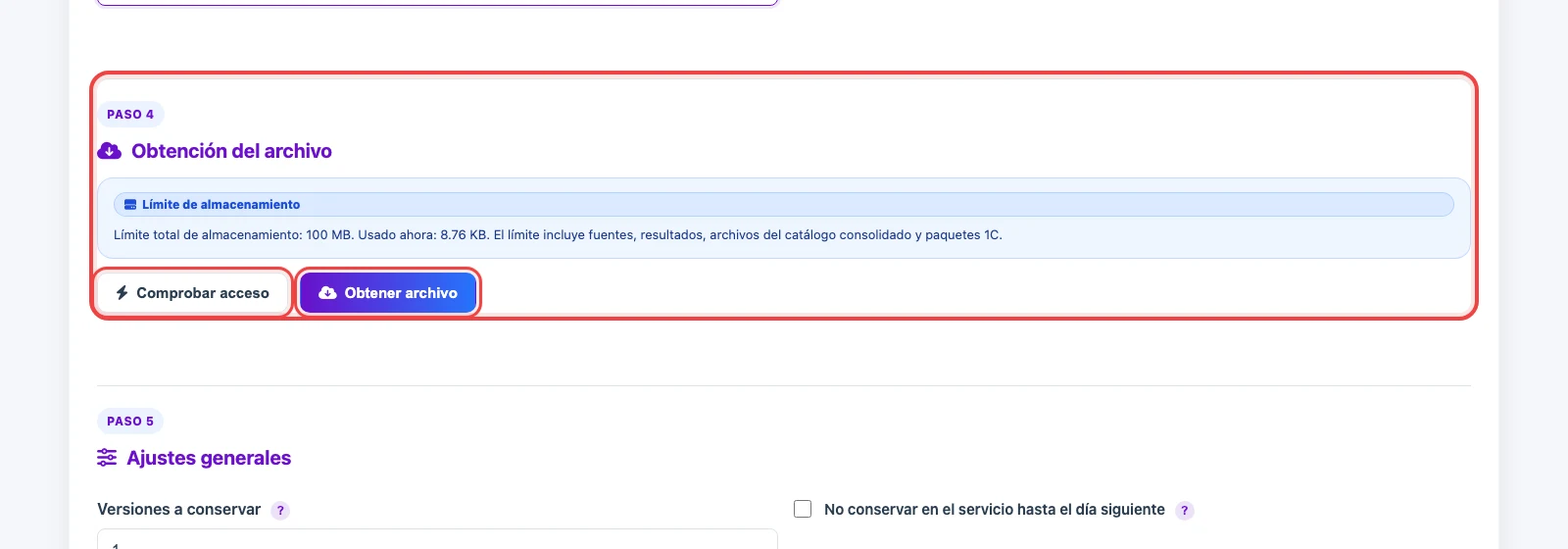 Botones para comprobar acceso y obtener archivo en una fuente URL