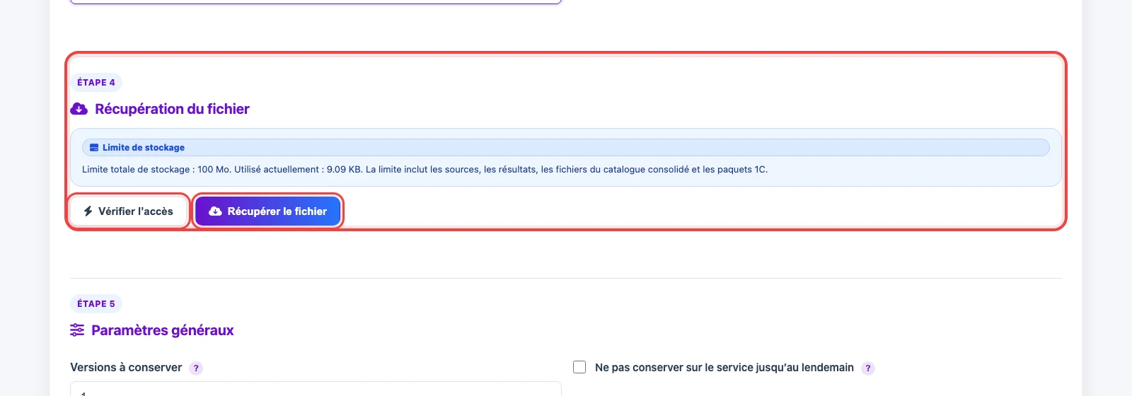 Boutons de vérification d’accès et de récupération du fichier dans une source URL