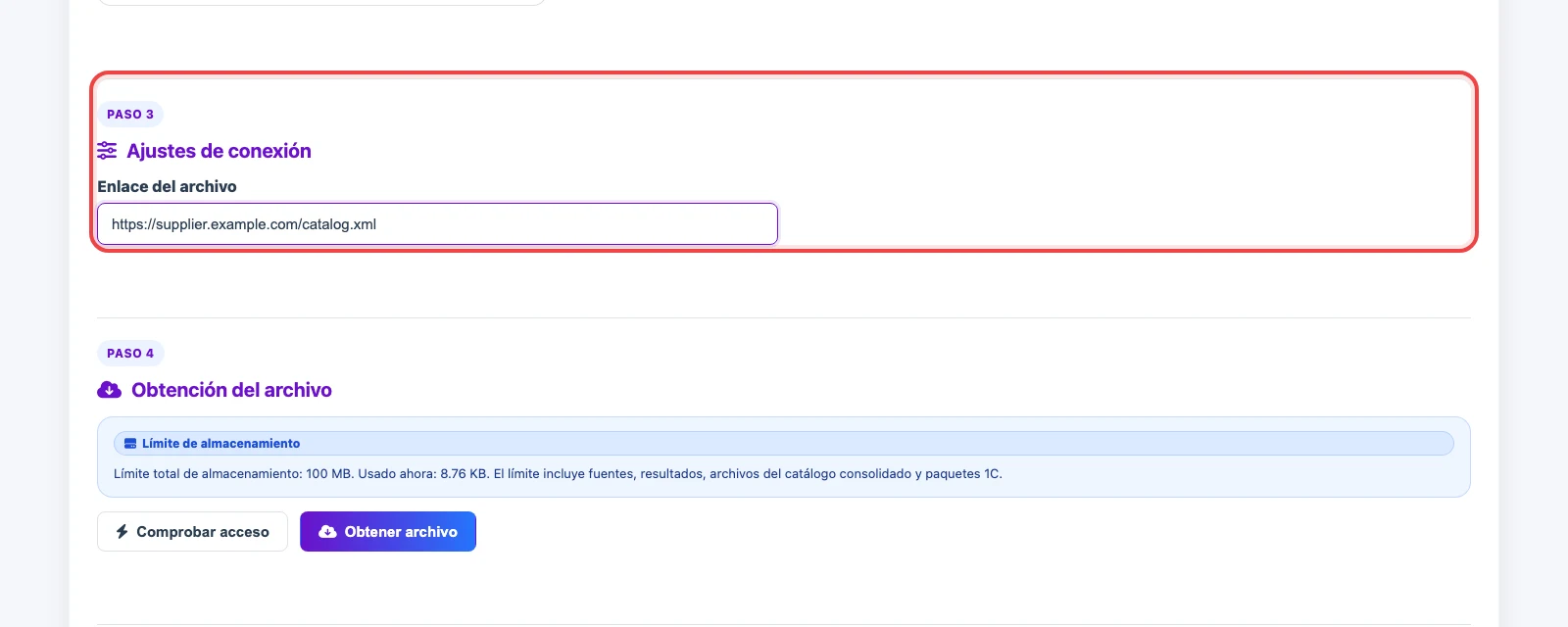 Campo de URL del archivo en la configuración de la fuente URL