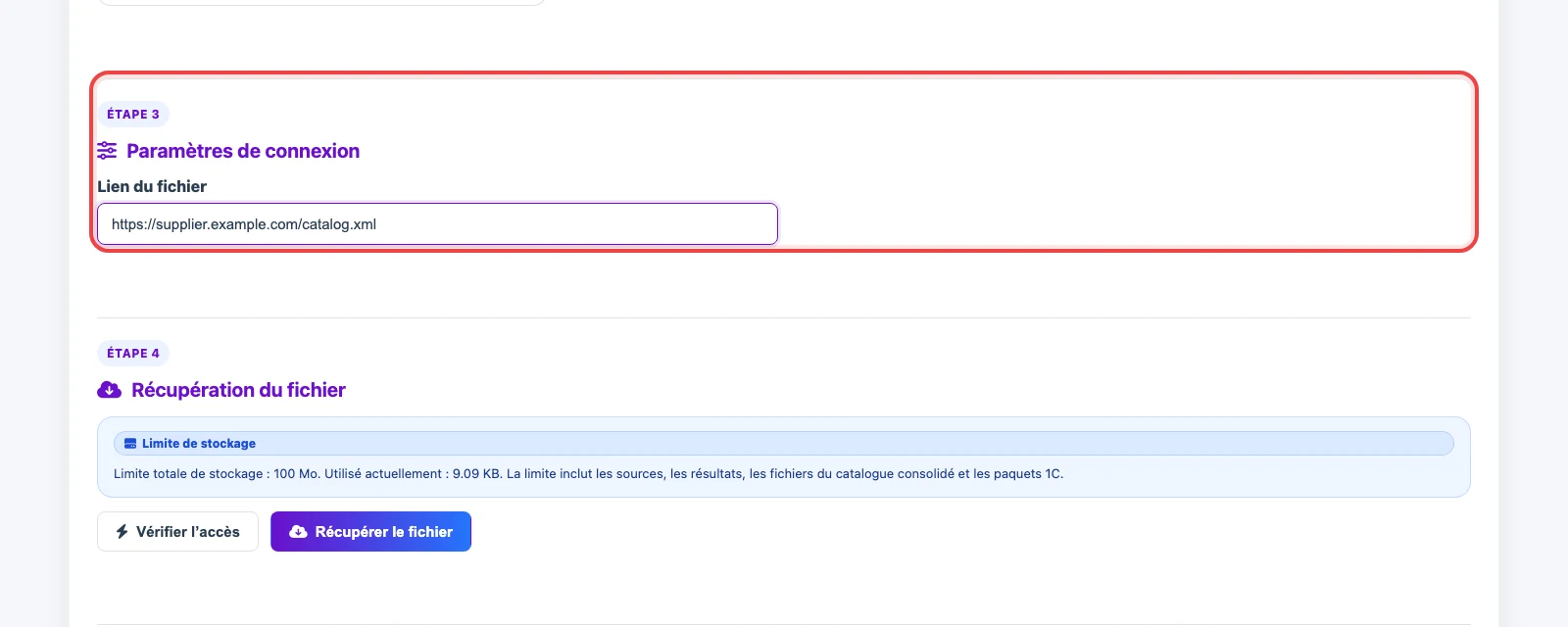 Champ URL du fichier dans les paramètres de source URL