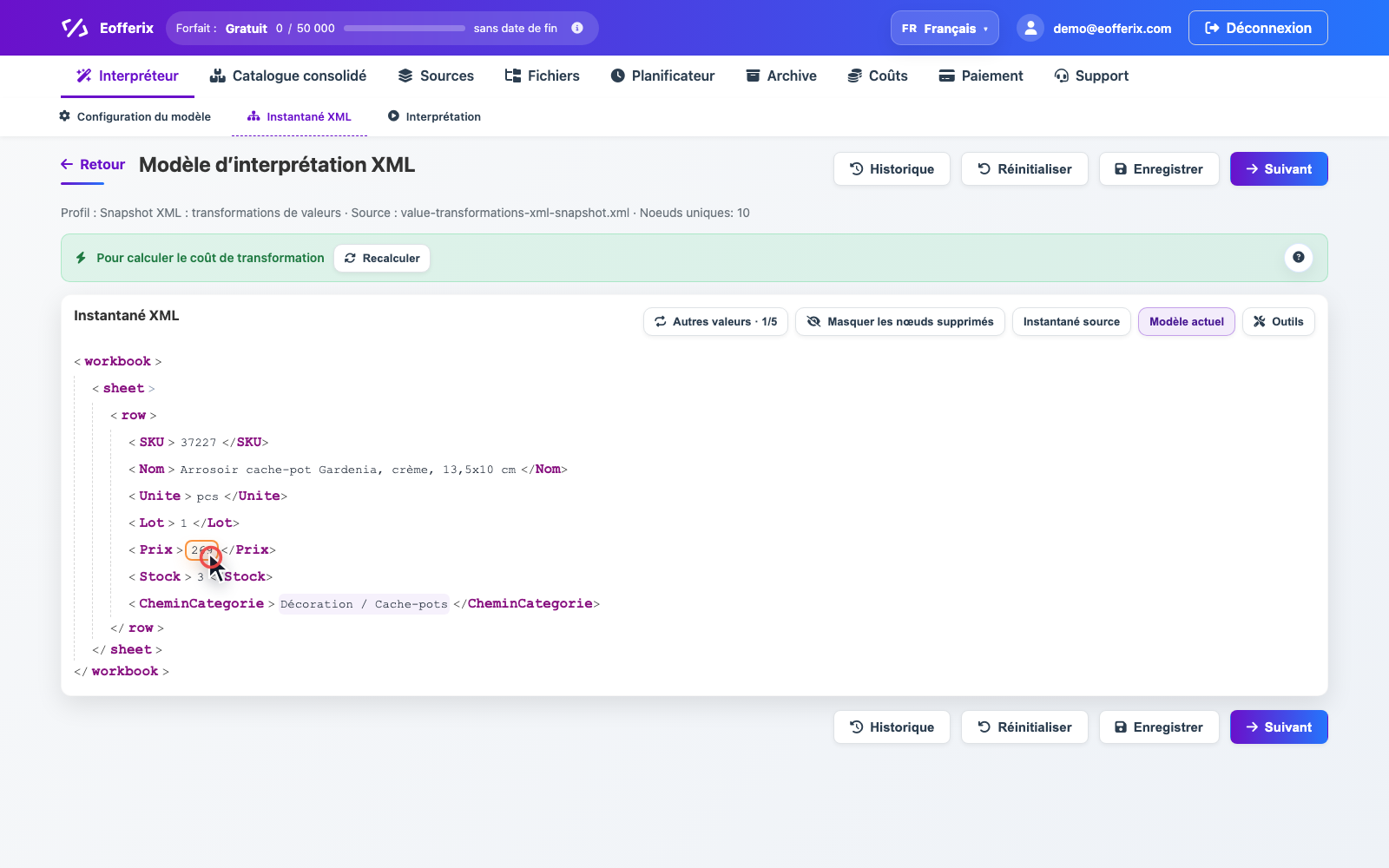 Ouvrir l’image en grand Animation montrant l’ouverture de la fenêtre de transformation dans un snapshot XML