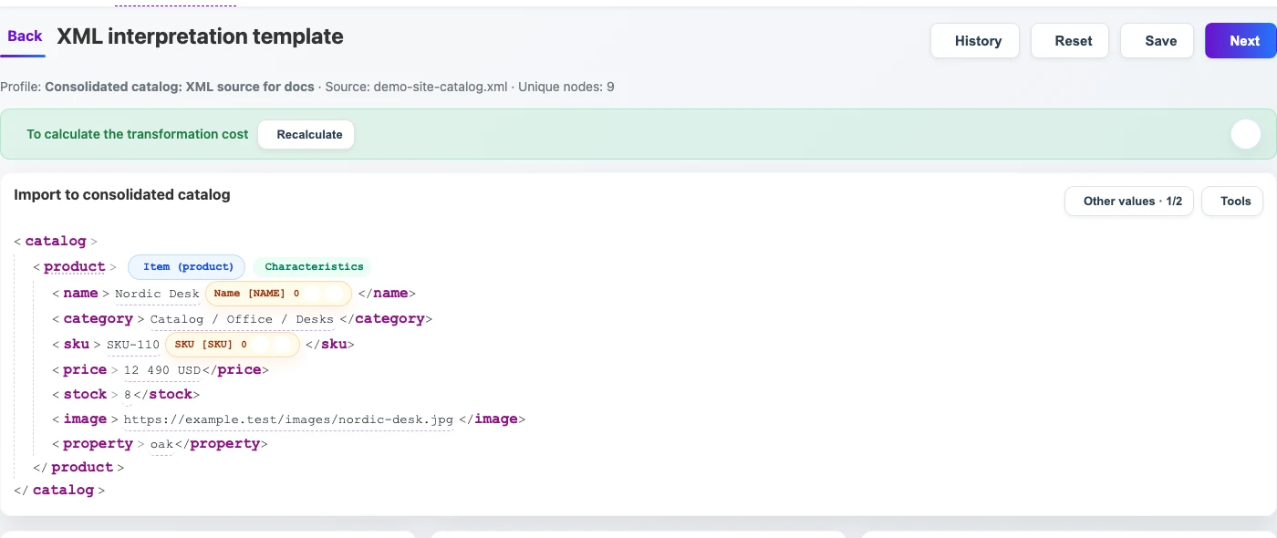 XML snapshot with source product, price, and stock values