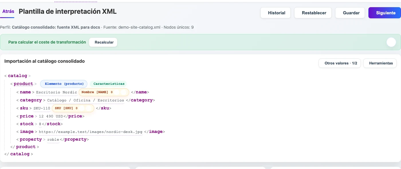 Abrir imagen en grande Snapshot XML con valores de producto, precio y stock de origen