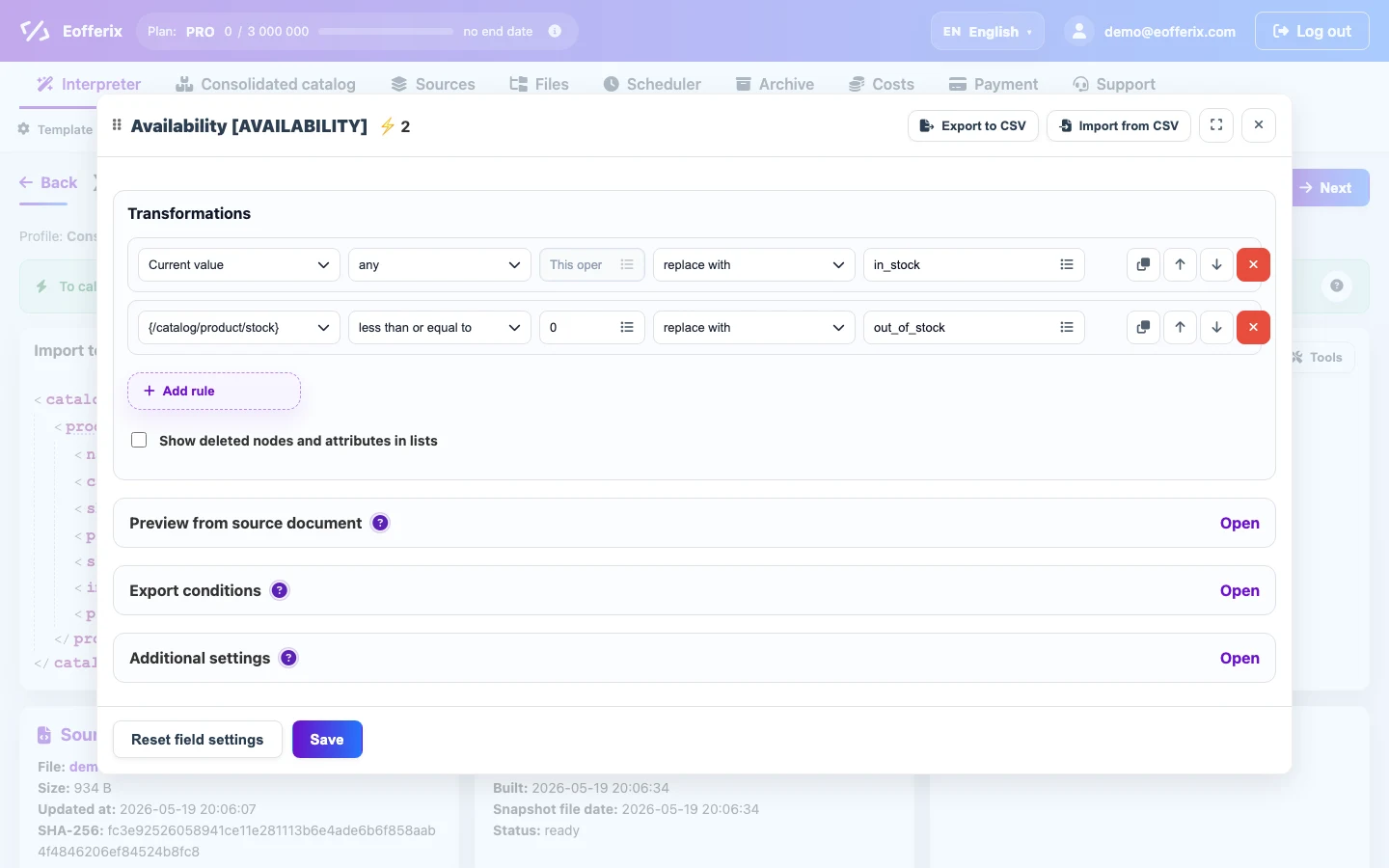 Availability transformation window with a condition based on the neighboring stock node