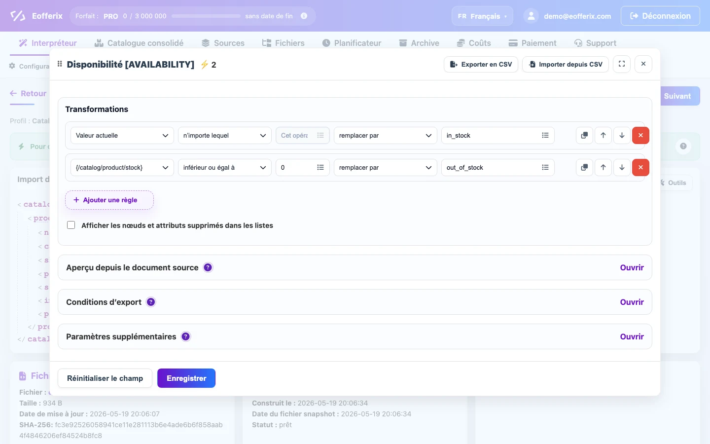 Ouvrir l’image en grand Fenêtre de transformation de la disponibilité avec une condition basée sur le noeud voisin stock