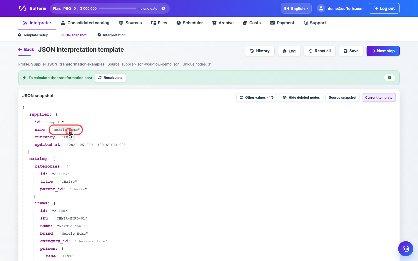Animation showing the transformations window opening in the JSON editor Animation showing the transformations window opening in the JSON editor