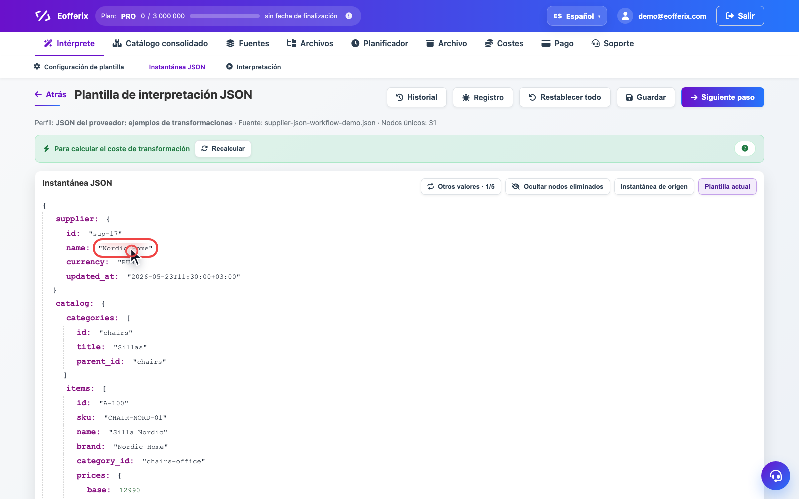Animación de apertura de la ventana de transformaciones en el editor JSON