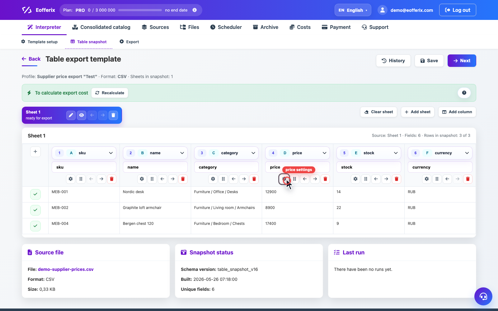 Animation showing the transformations window opening in the table editor