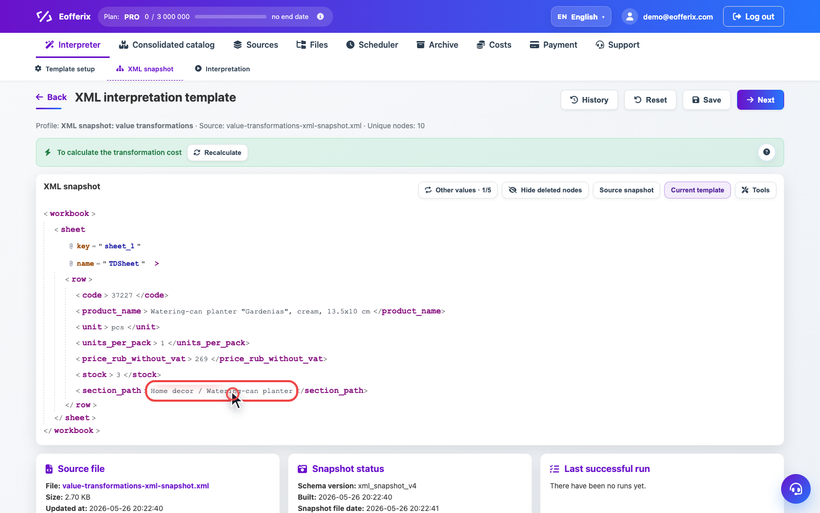 Animation showing the transformations window opening in the XML editor