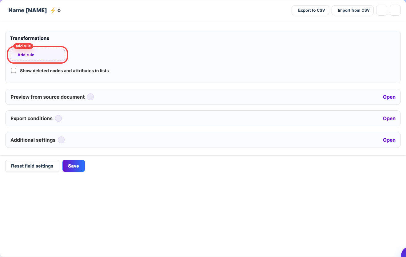 Animation of adding a value transformation rule chain for a product name