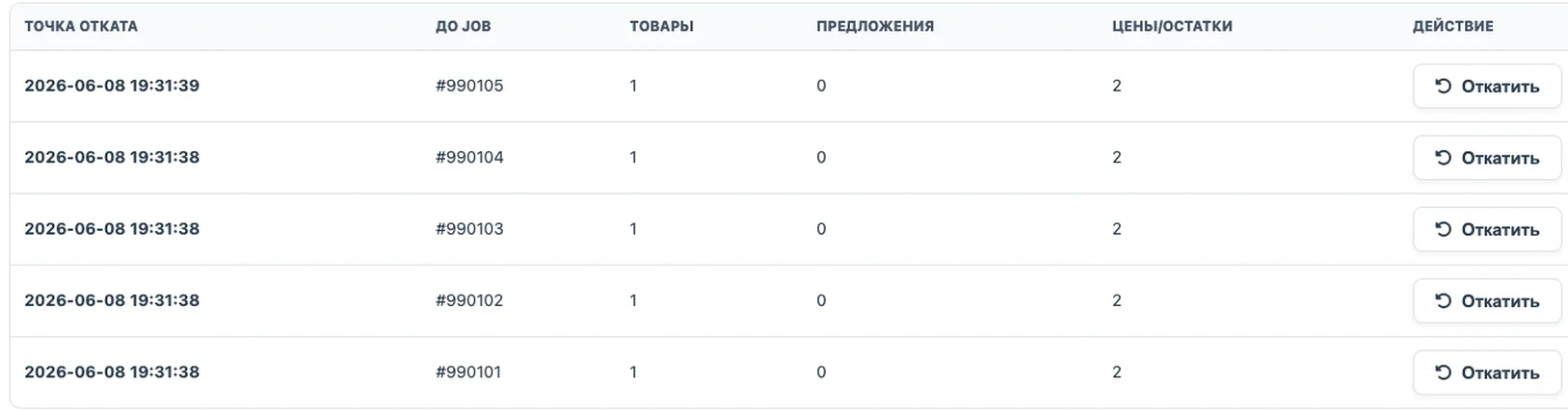 Кнопка отката импорта в Eofferix Кнопка отката импорта в Eofferix