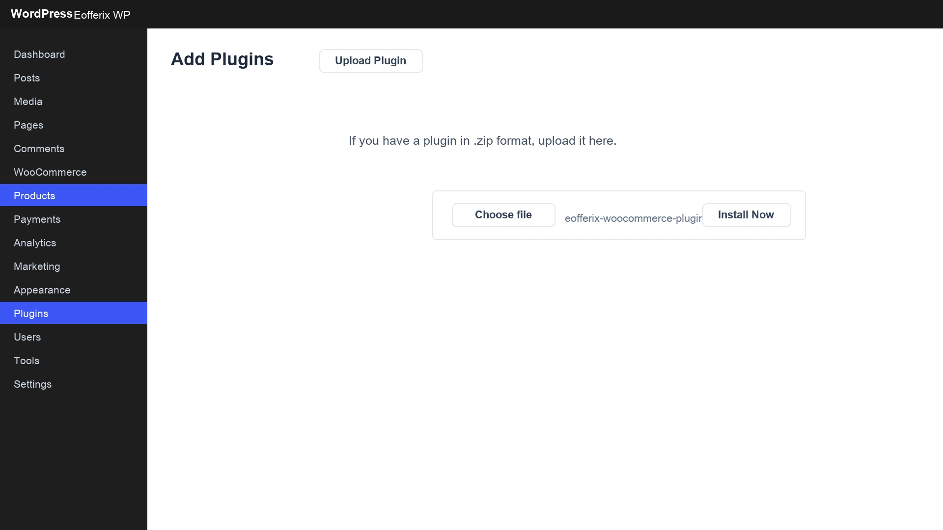 Uploading the Eofferix plugin ZIP in WordPress