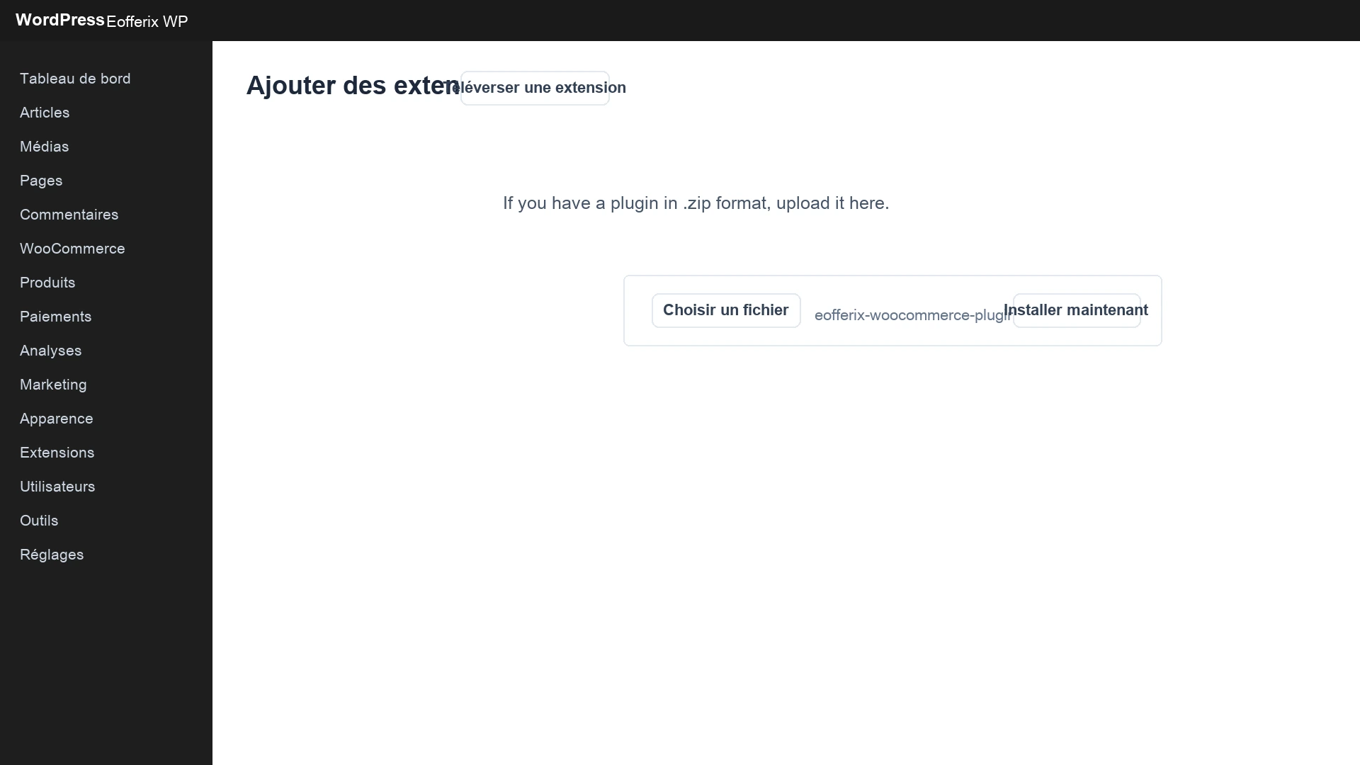 Envoi du ZIP du plugin Eofferix dans WordPress