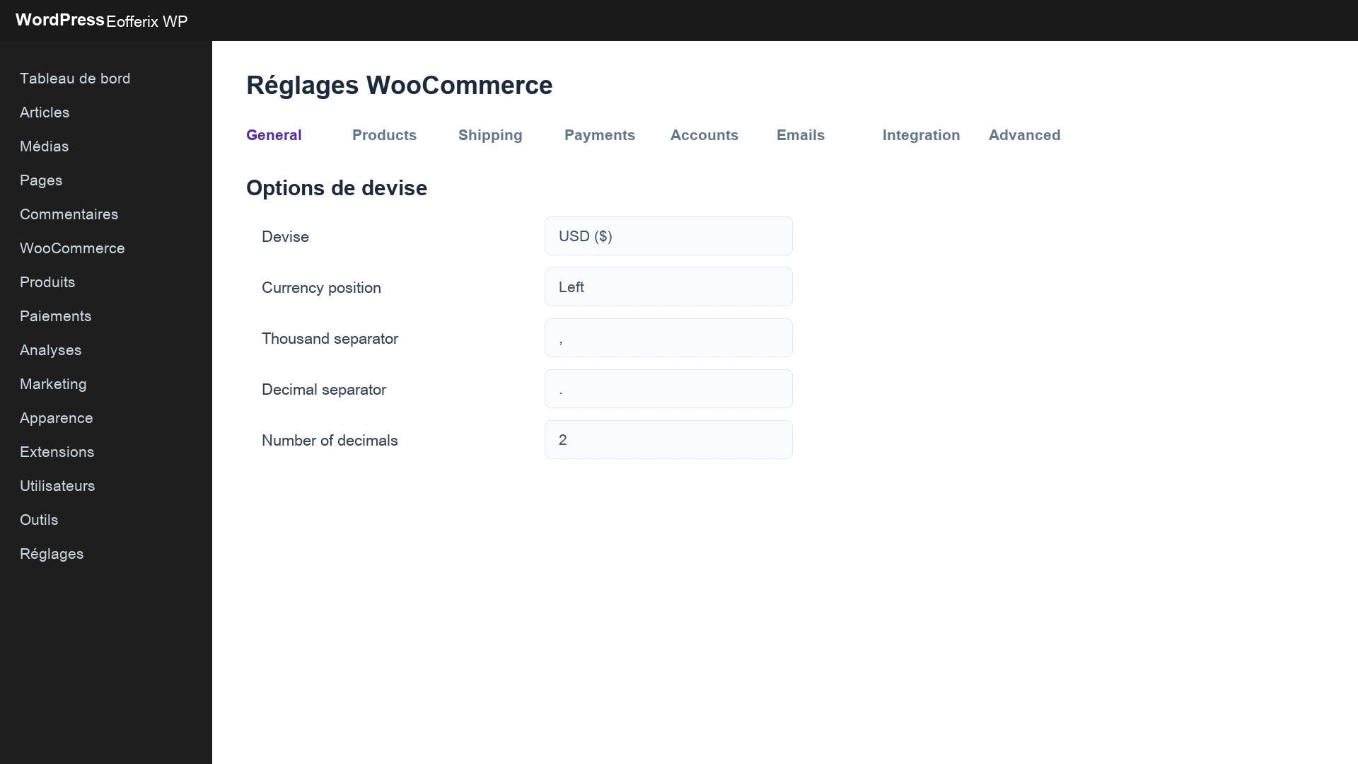 Reglages de devise de la boutique WooCommerce