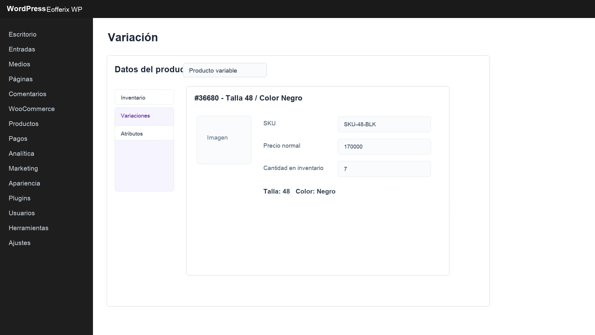 Abrir imagen ampliada Precio y stock de una variacion WooCommerce