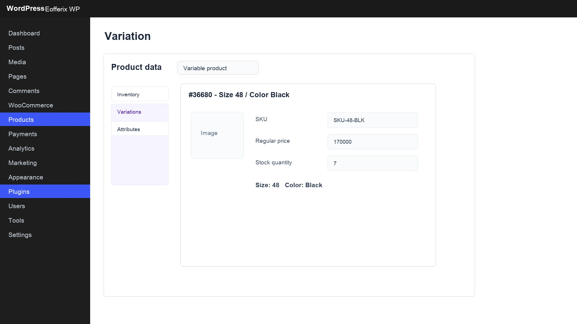 Fields of a concrete WooCommerce variation